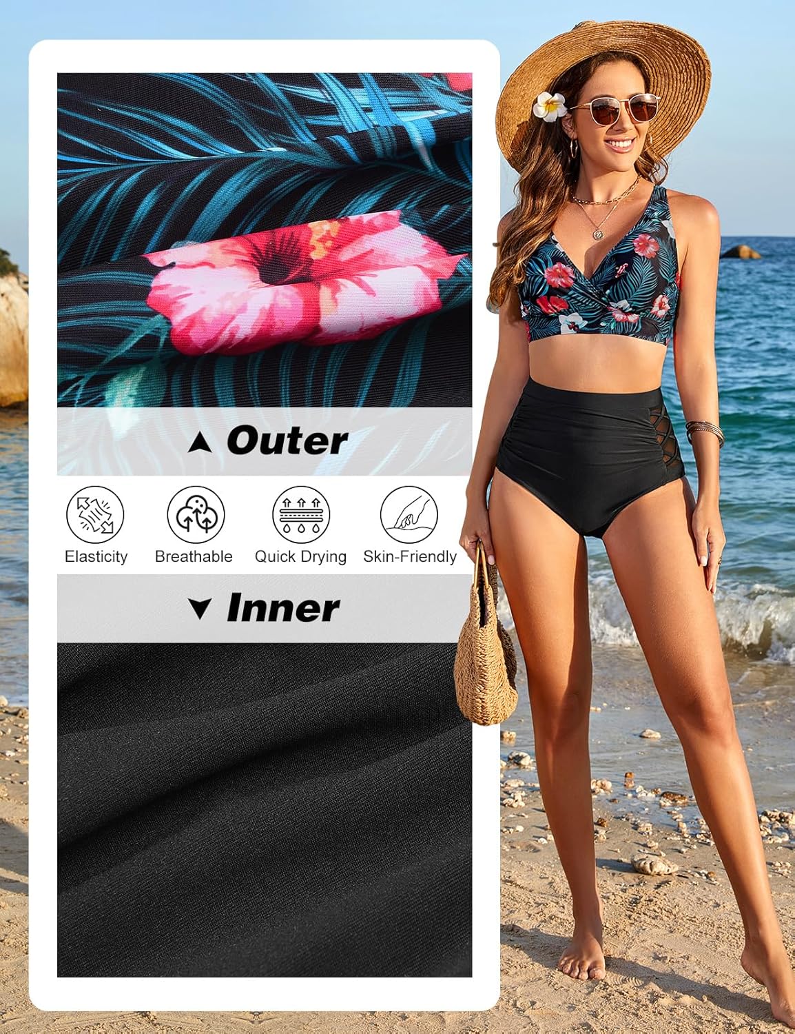 Thumbnail 6 de Tuopuda Costume da Bagno Donna a Vita Alta in Due Pezzi – Top push up con scollo a V e slip a vita alta con controllo pancia