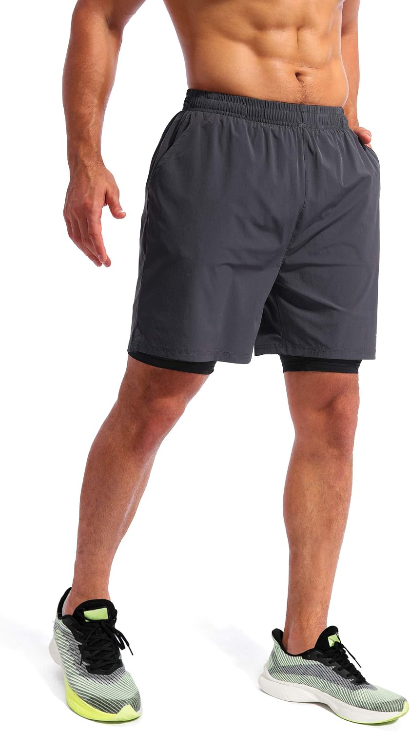 Detalle de Pudolla Men’s 2 in 1 Running Shorts 5" Quick Dry with Phone Pockets