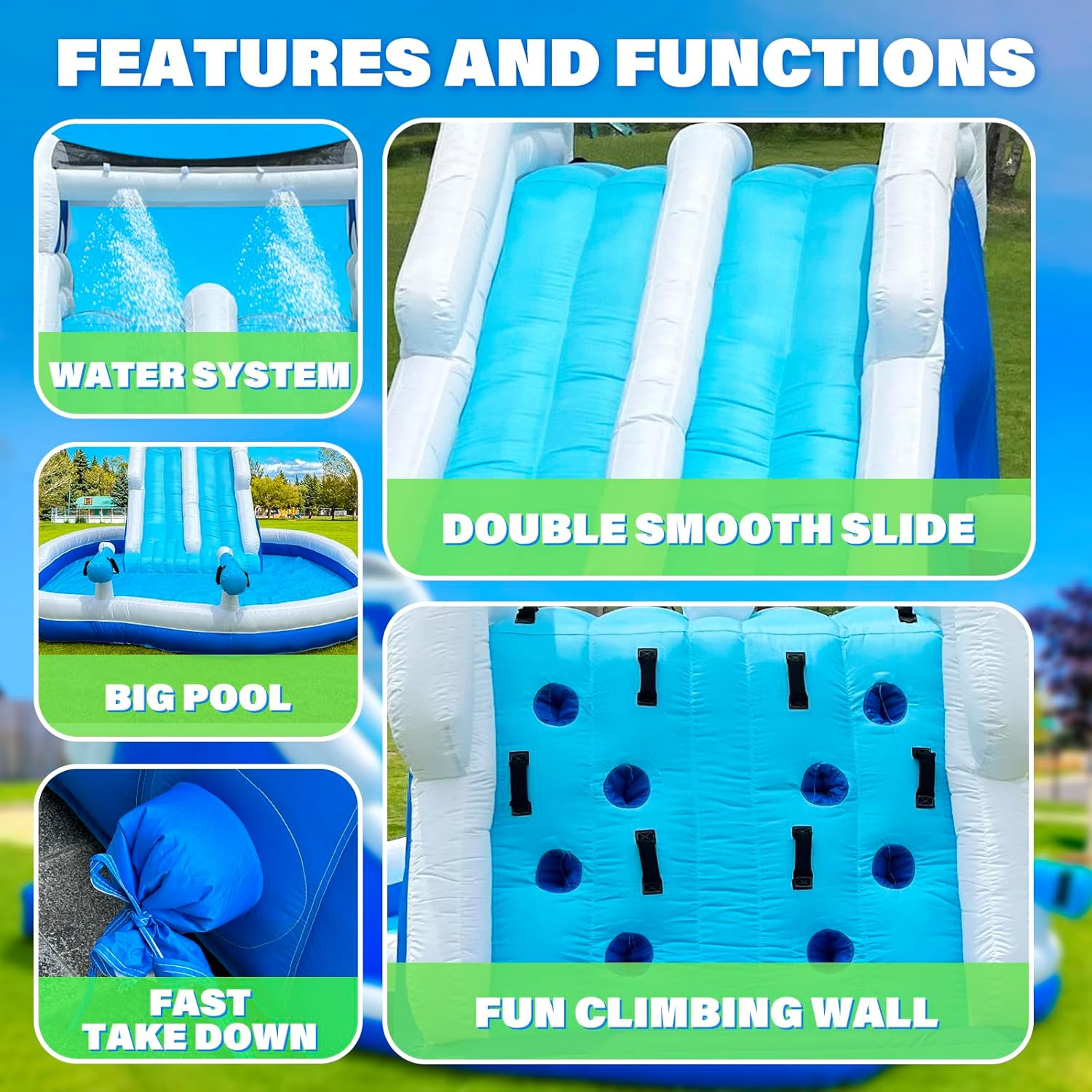 Detalle de Inflatable Double Water Slide - 17.7FT Large Climber Water Park for Big Kids (5-10) with Splash Pool