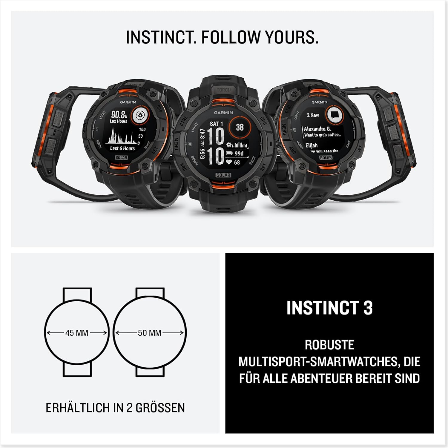 Thumbnail 6 de Garmin Instinct 3 45mm Solar – GPS-Multisport-Smartwatch mit Navigationsfunktionen