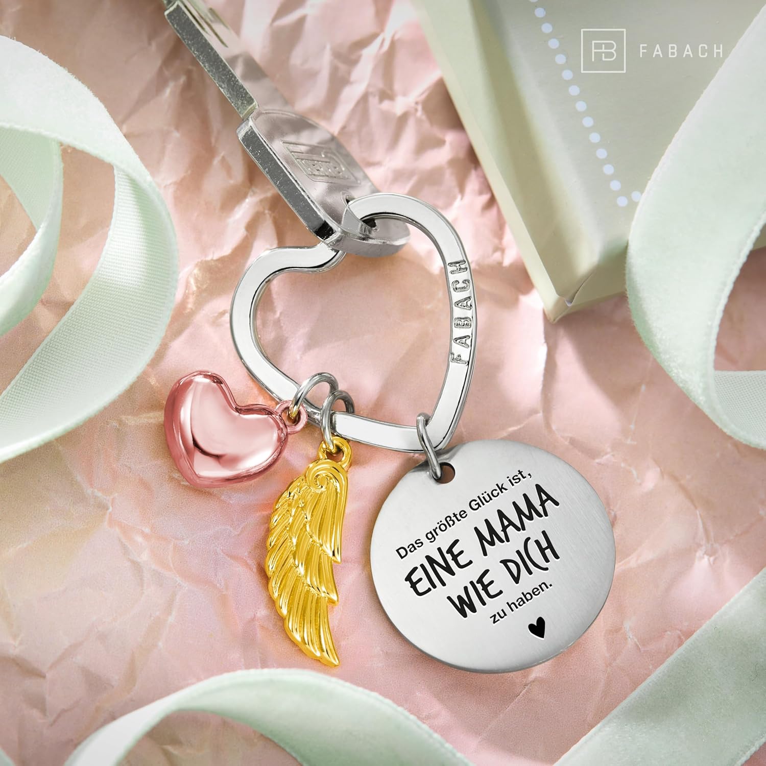 Detalle 2 de FABACH Beste Mama Schlüsselanhänger Schutzengel – Gravurherz als Glücksbringer
