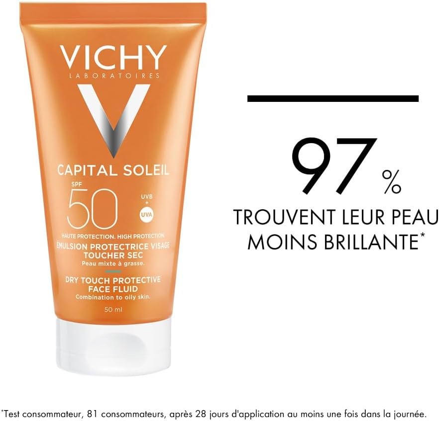 Detalle de Vichy Capital Soleil Émulsion Toucher Sec SPF 50 – Crème Matifiante pour Peaux Mixtes à Graisses