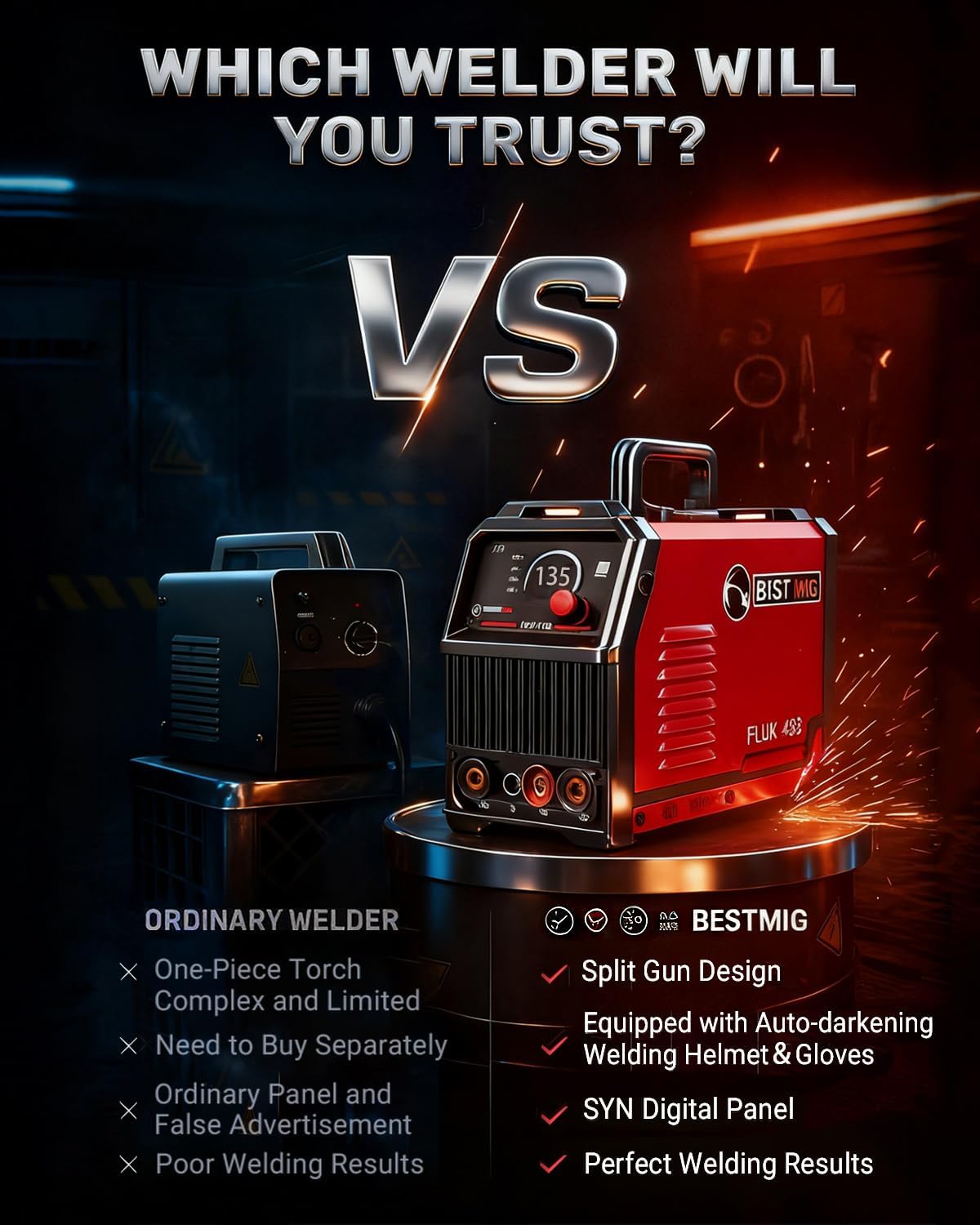 Thumbnail 4 de BESTMIG 135A MIG Welder (3-in-1 Flux Core, Lift TIG, Stick) — 110V Portable IGBT Inverter w/ Helmet & Gloves