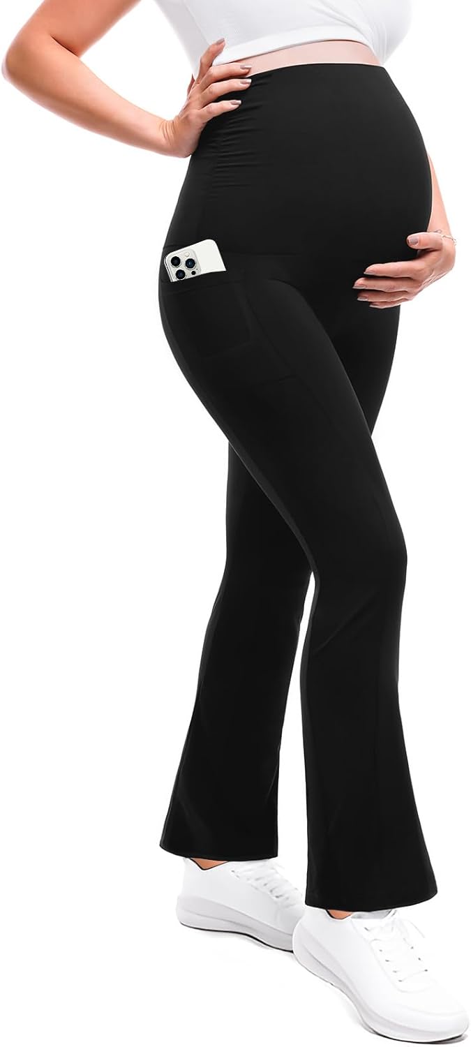 Detalle de Leafigure Maternity Flare Leggings with Pockets (Over-the-Belly) for Yoga & Workouts