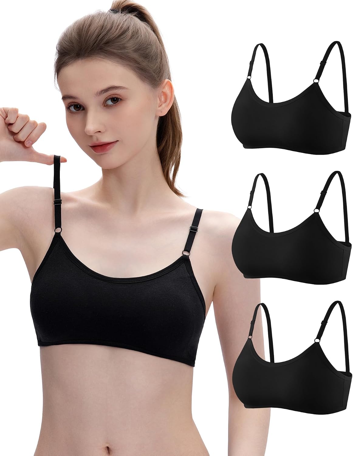 Detalle de INNERSY sport-bh för flickor, bomull, bygelös med fast vaddering, 3-pack