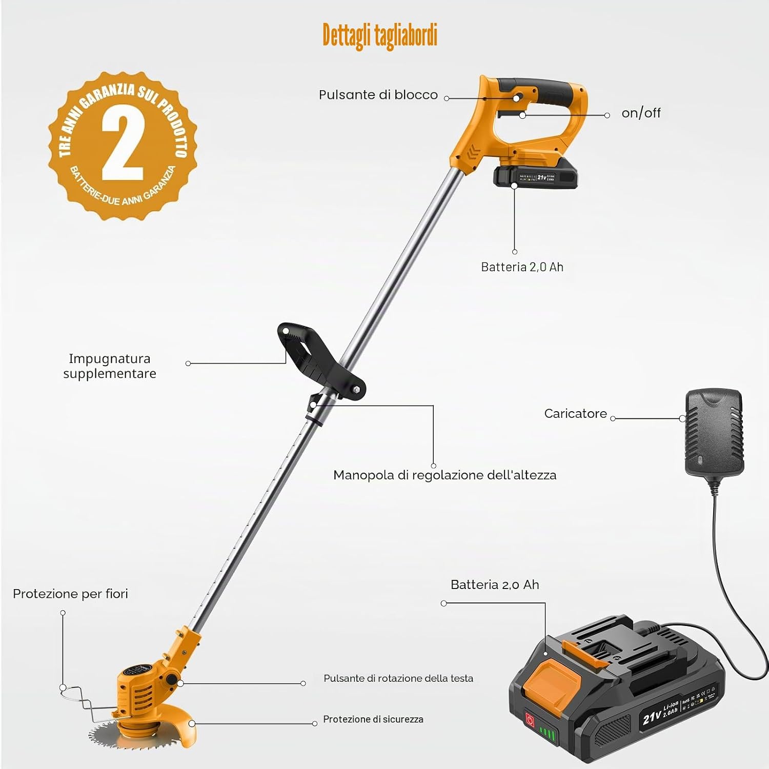 Detalle de JYGMPRO Decespugliatore a Batteria 21V con 2 Batterie 2.0Ah | Tagliabordi regolabili e accessori inclusi