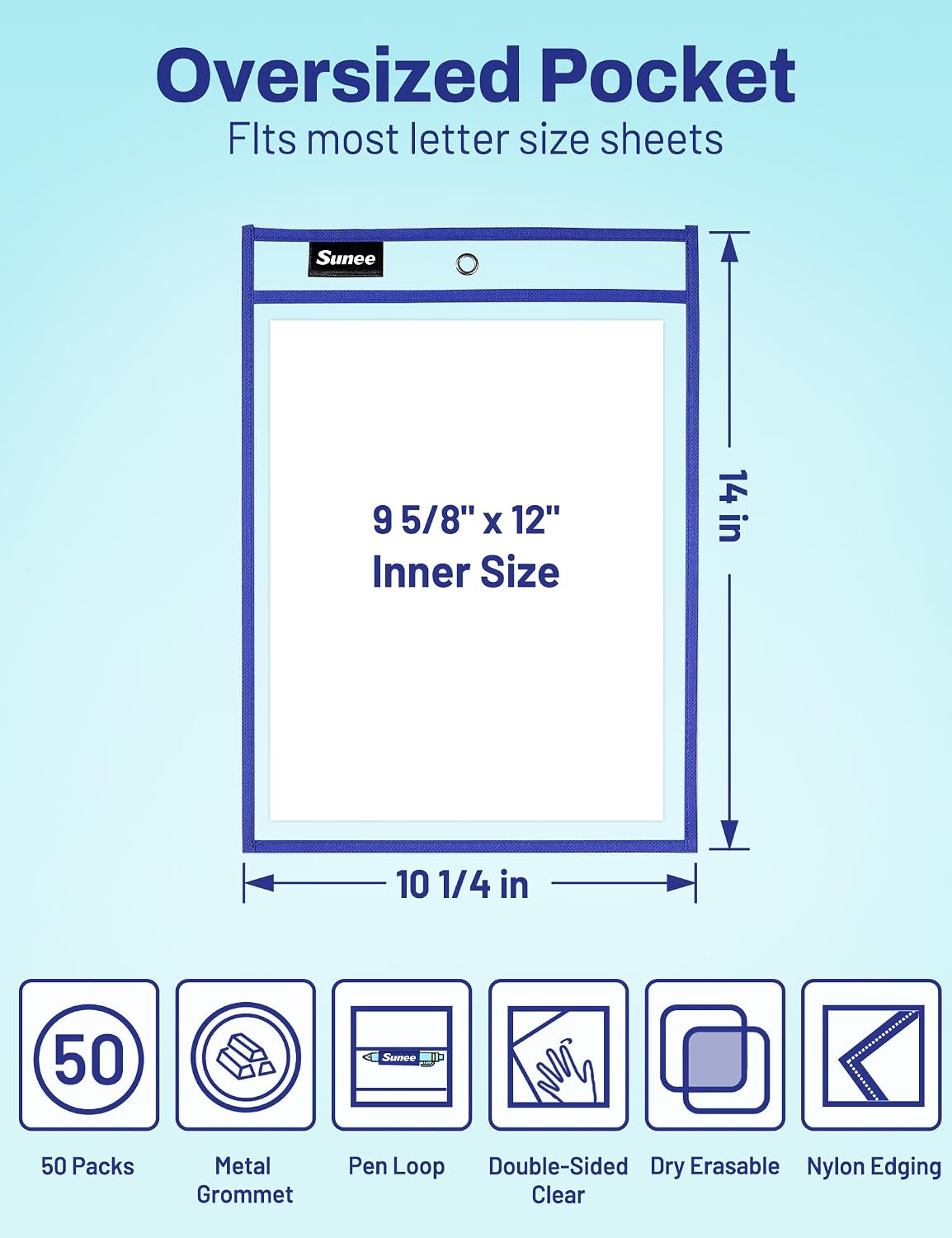 Detalle 2 de SUNEE 50-Pack Dry Erase Pocket Sleeves, 10 x 14 in, 10 Colors, 3 Rings