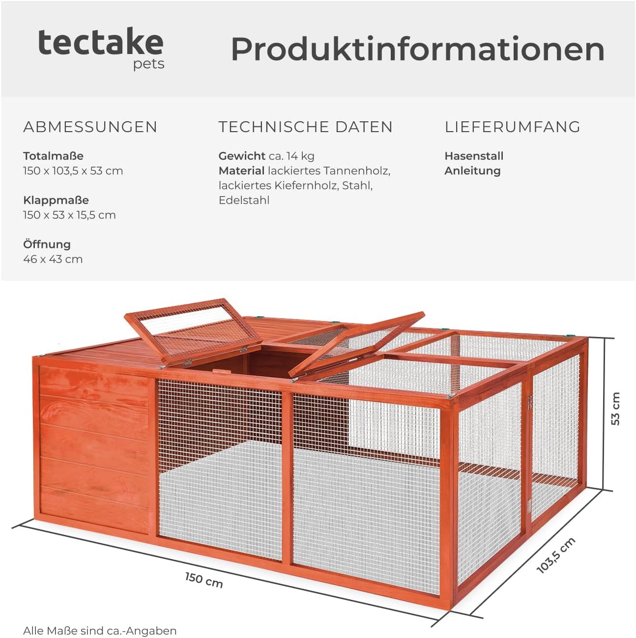 Detalle de tectake Hasenstall faltbar Holz mit Dachöffnung – Freigehege für Kaninchen & Meerschweinchen 150x103x53 cm