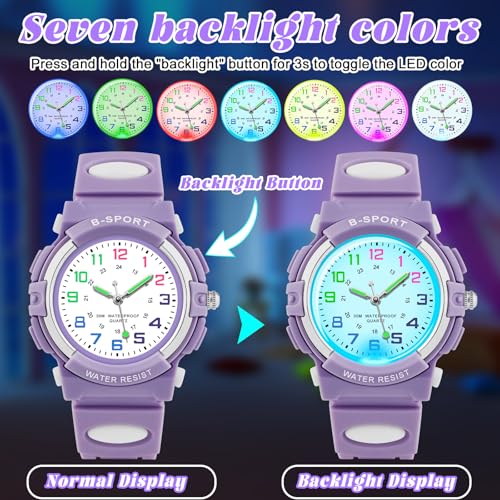 Thumbnail 1 de GUUMUXIN Lernuhr für Kinder – Analoge Uhr mit bunten Lichtern, TPU Armband, 30 m wasserdicht (5–16 Jahre)