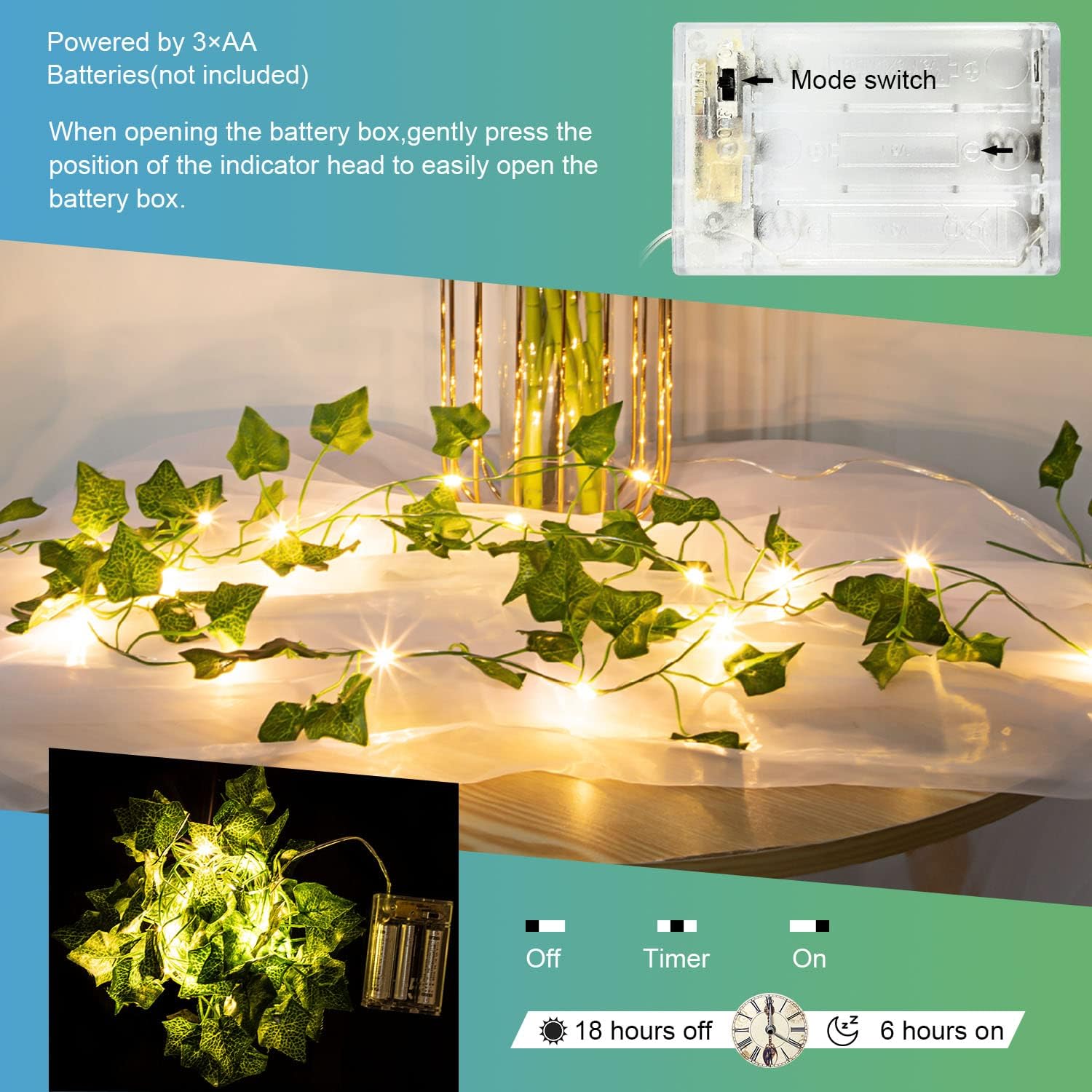 Detalle de LED-Lichterkette „Efeu“ (künstlich), 2 m, 20 LEDs mit Timer – batteriebetrieben