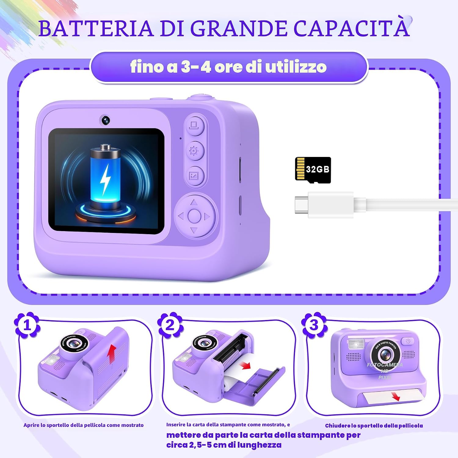 Thumbnail 6 de Subtail: Fotocamera istantanea per bambini 1080P, 32 GB, guida fidata per selfie e momenti creativi dai 3 ai 12 anni