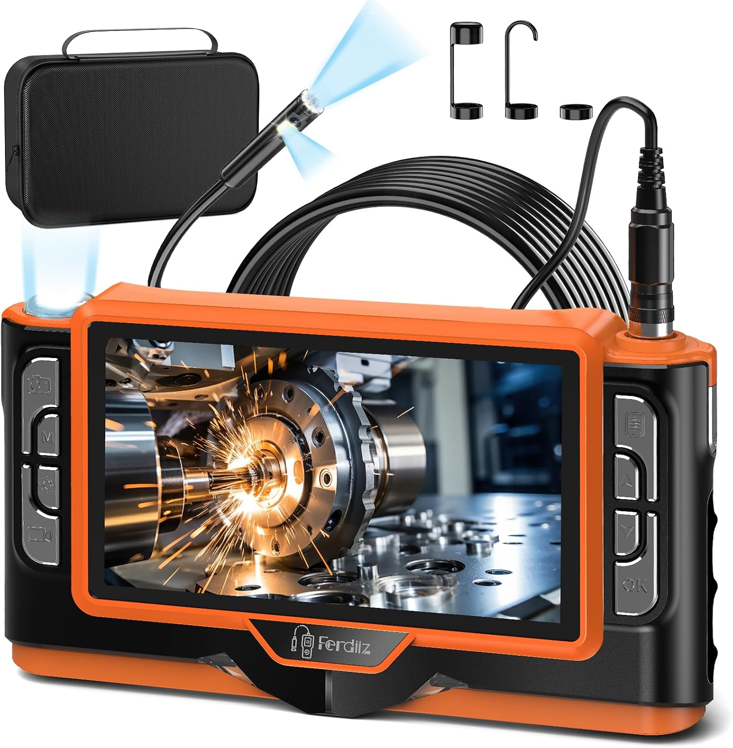 Ferdiiz Endoscopio Professionale 7" IPS 1920P HD 1920P con tripla lente e LED regolabili, sonda IP68 con cavo semi-rigido 5 m
