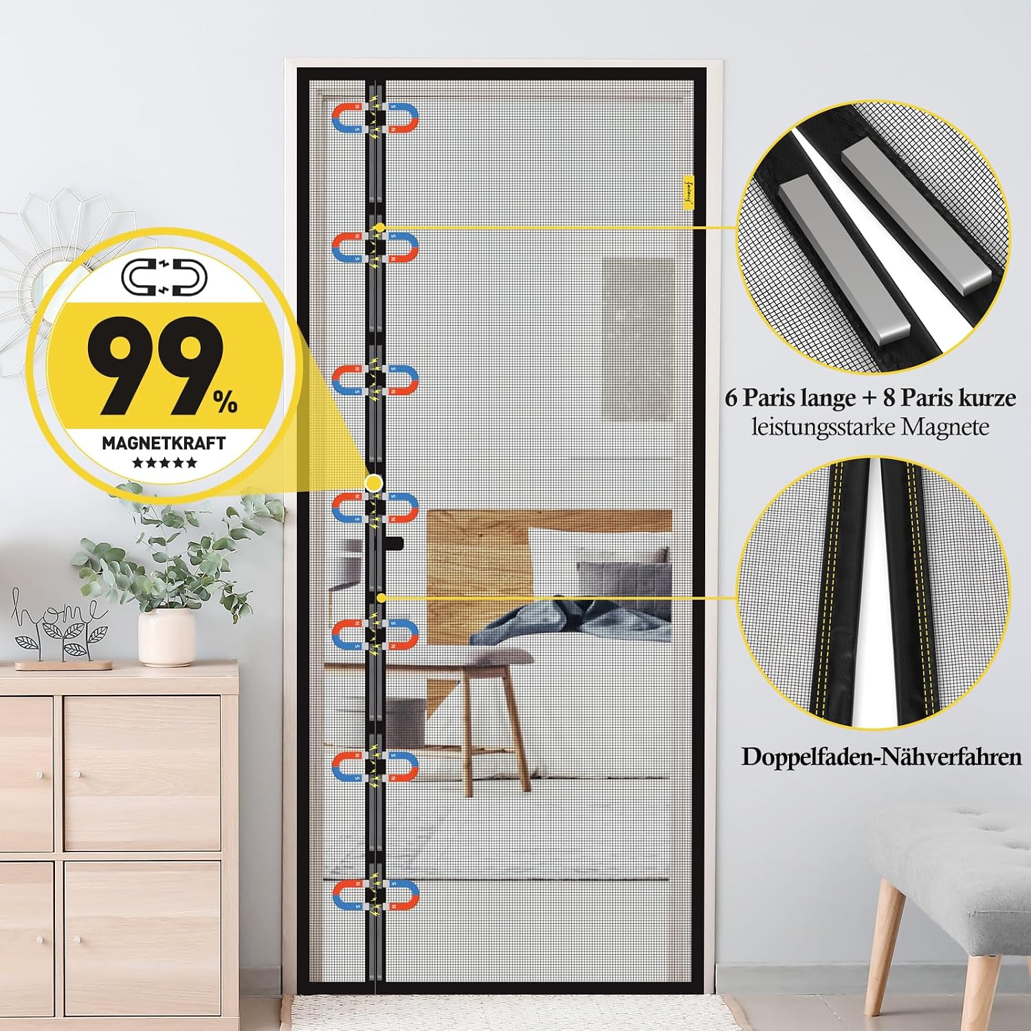 Thumbnail 3 de fowong Magnet Fliegengitter Balkontür 110x220 cm – Reißfest, seitliche Öffnung, ohne Bohren