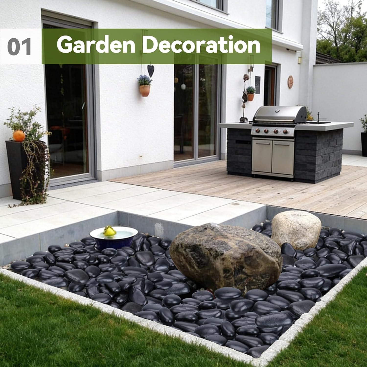 Detalle de Pulovin 3–4 Inch Black Landscape Rocks, Polished Natural Stones for Planters