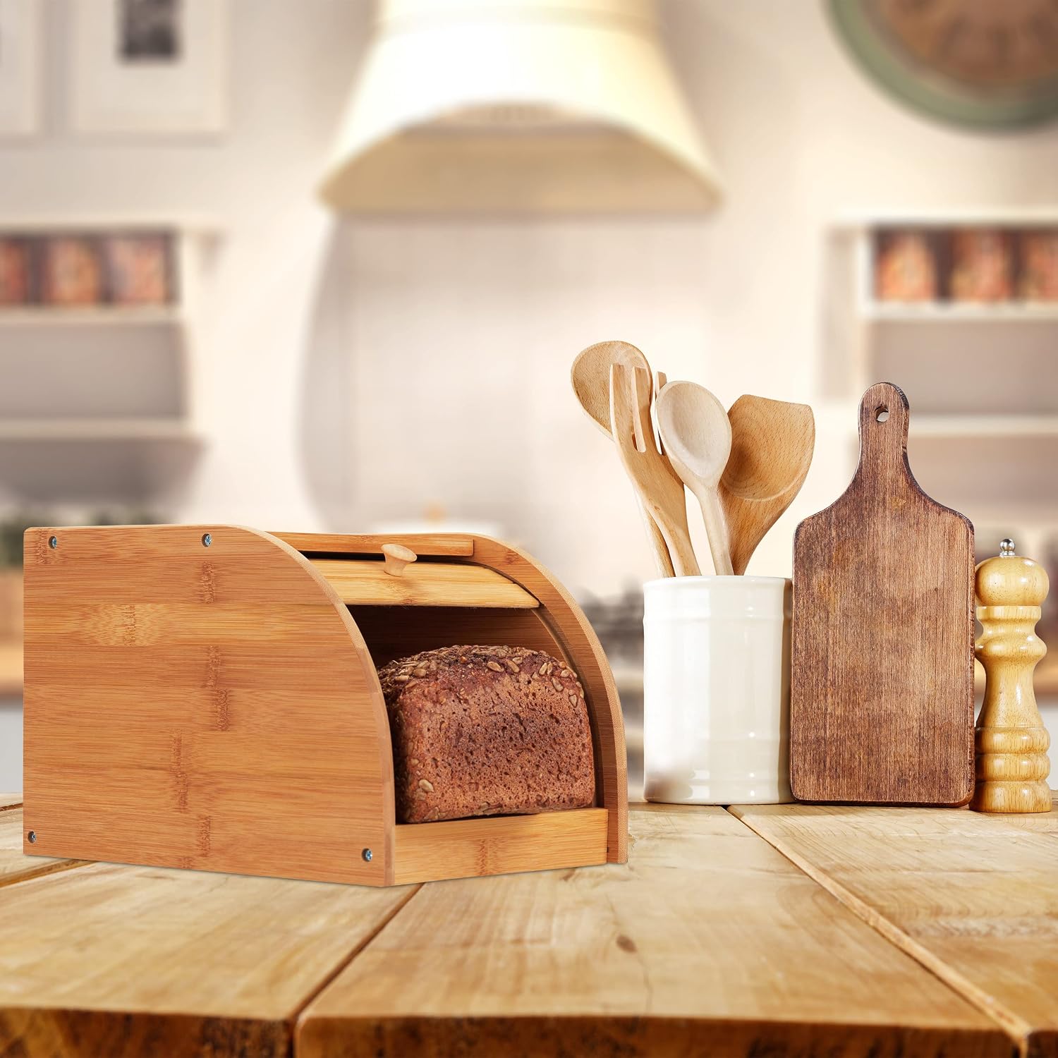 Detalle 2 de Relaxdays 10024208 Bamboo Bread Bin with Rolling Front Lid, Natural