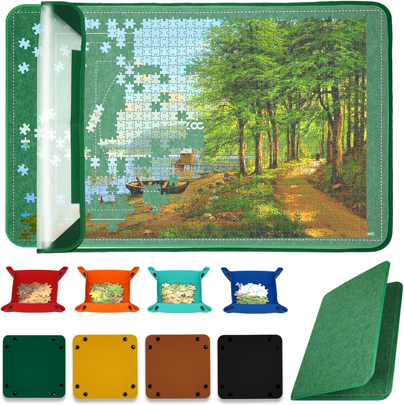 MOZOOSON faltbares Puzzlebrett für bis zu 1500 Teile – Tragbare Puzzlematte mit Staubschutz & 8 Sortierern