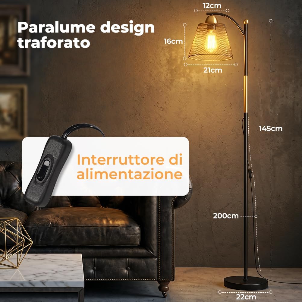 Detalle de OUSFOT Lampada da Terra E27 230V – Nero e Oro, 40W, stile Industriale per Uffici, Soggiorni e Camere (Senza lampadina)