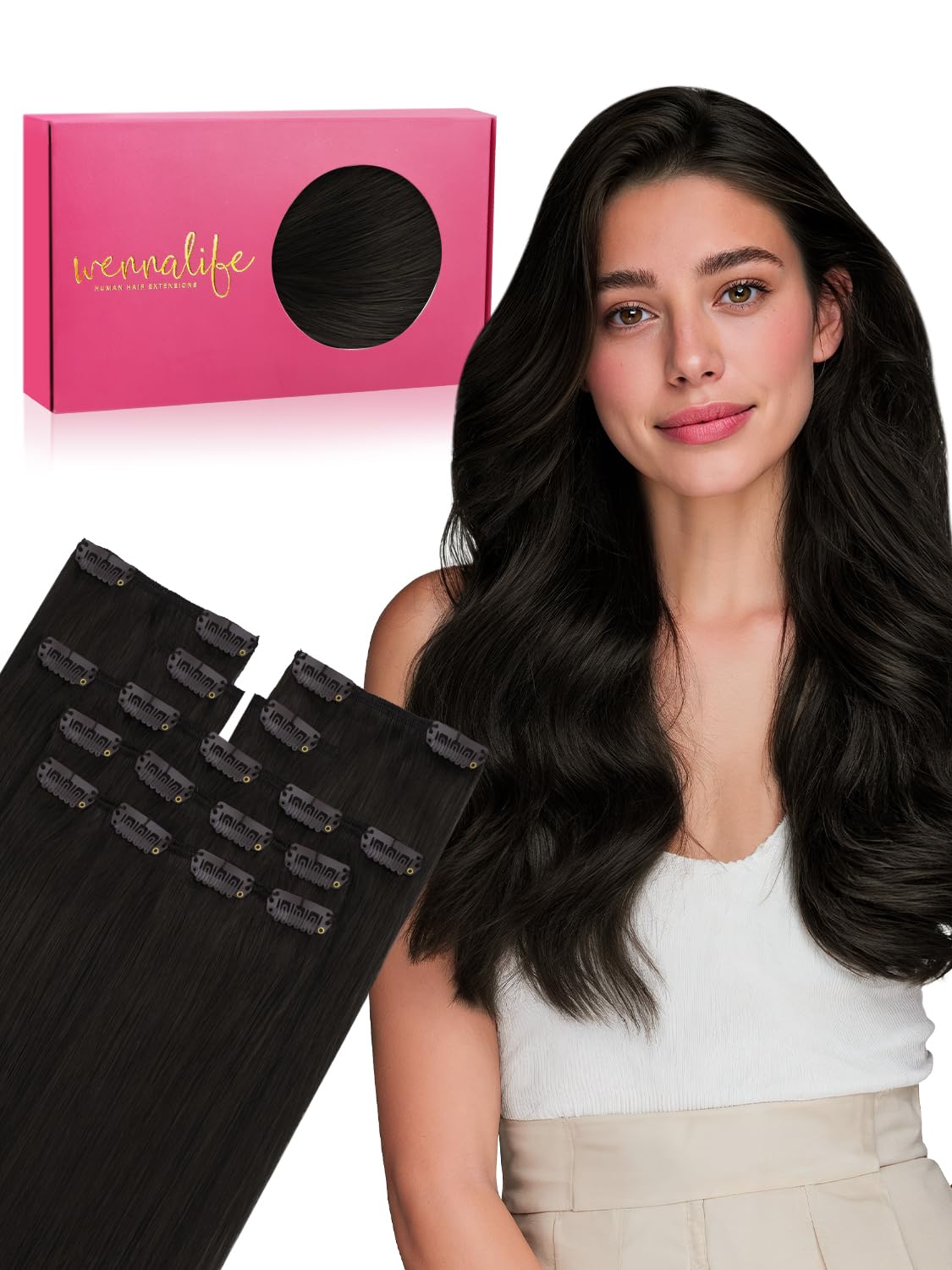 Detalle de WENNALIFE Clip-in Echthaar Extensions, Natürliche Echthaarverlängerung 25 cm, 7 Teile, #1B Naturliches Schwarz