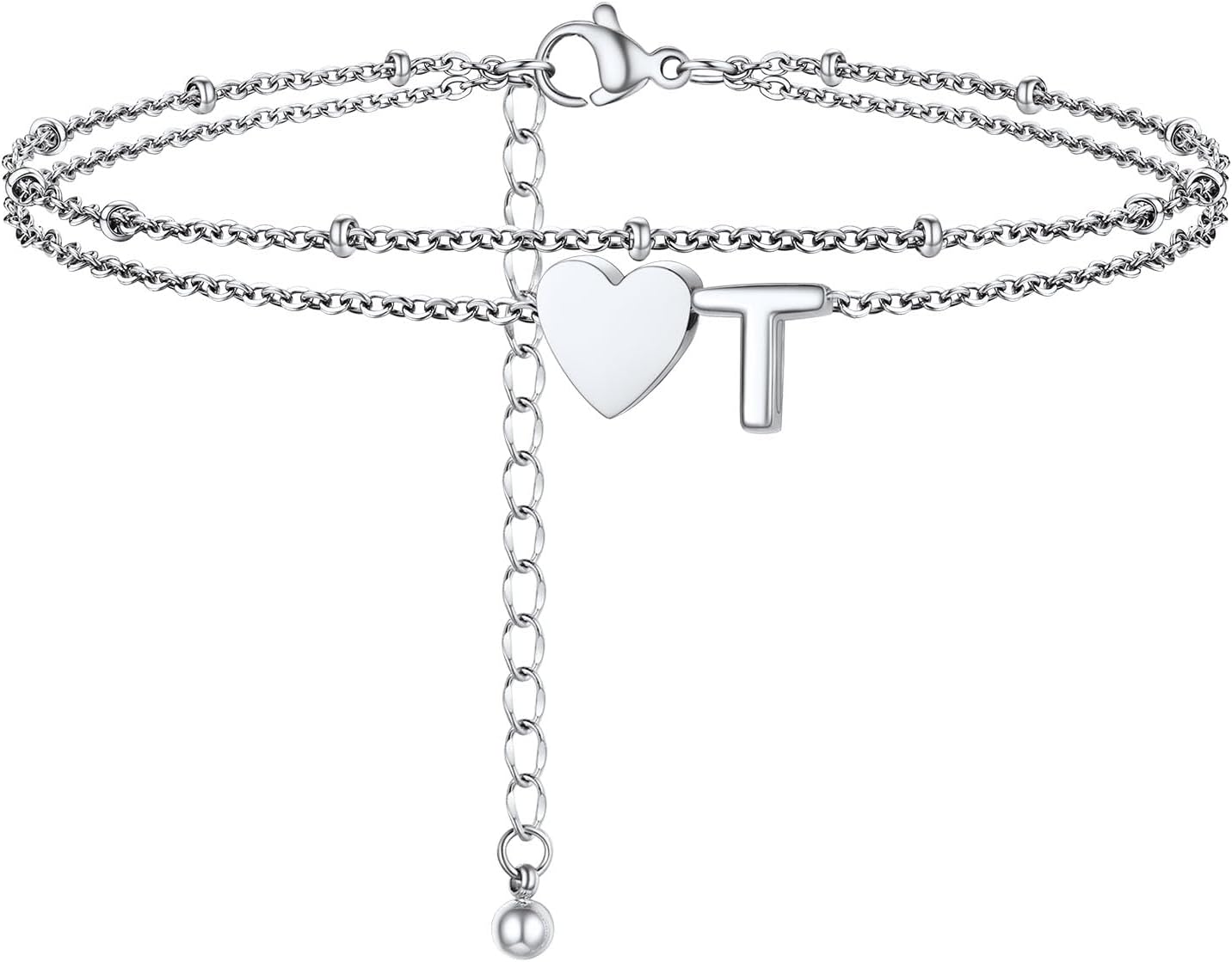 PROSTEEL A-Z doppio strato cavigliera in acciaio inox 316L con cuore e iniziale (22+5 cm) argento