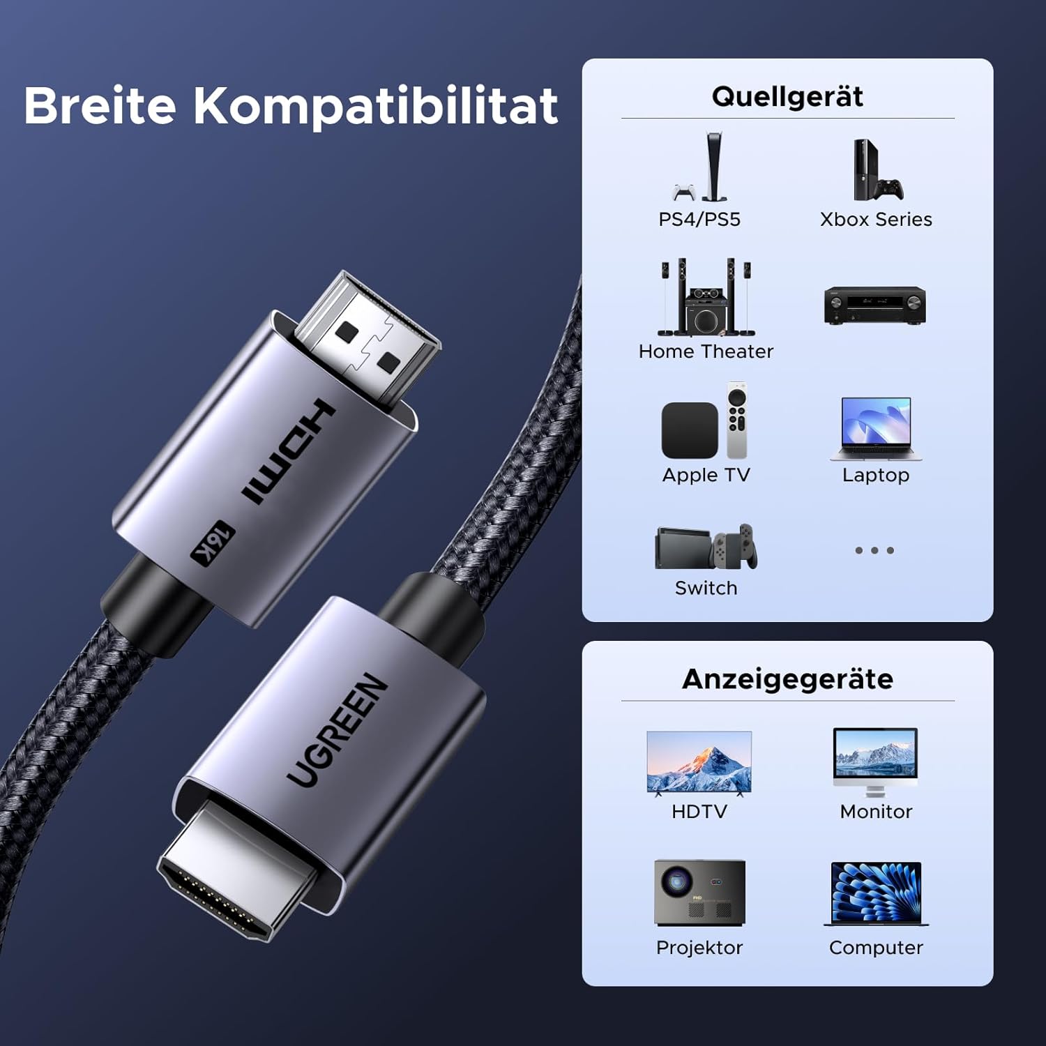 Thumbnail 5 de UGREEN HDMI 2.2 Kabel 16K60Hz | 96 Gbit/s, eARC, VRR, HDR10+ – kompatibel mit PC, PS5, Xbox Series X/S