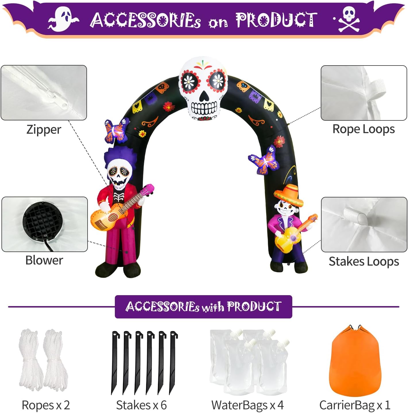 Thumbnail 6 de DomKom K1455 8-Foot Day of the Dead Inflatable Arch with LED Lights