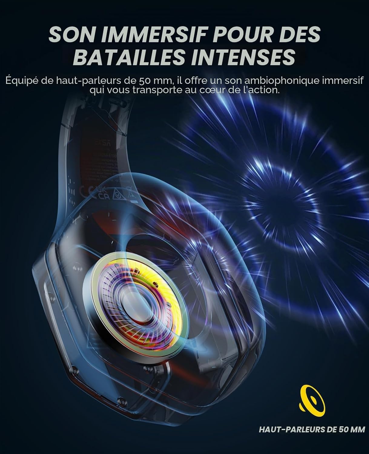 Detalle de EKSA E1000BT : casque gaming sans fil 3-en-1 Bluetooth/2,4 GHz + audio 3,5 mm (PS5, PC, PS4)