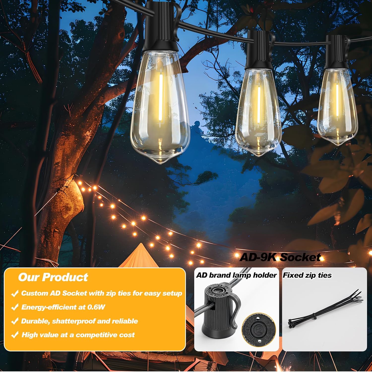 Detalle 2 de Adirxon 100 ft Commercial Outdoor String Lights with LED Edison Bulbs 🎉