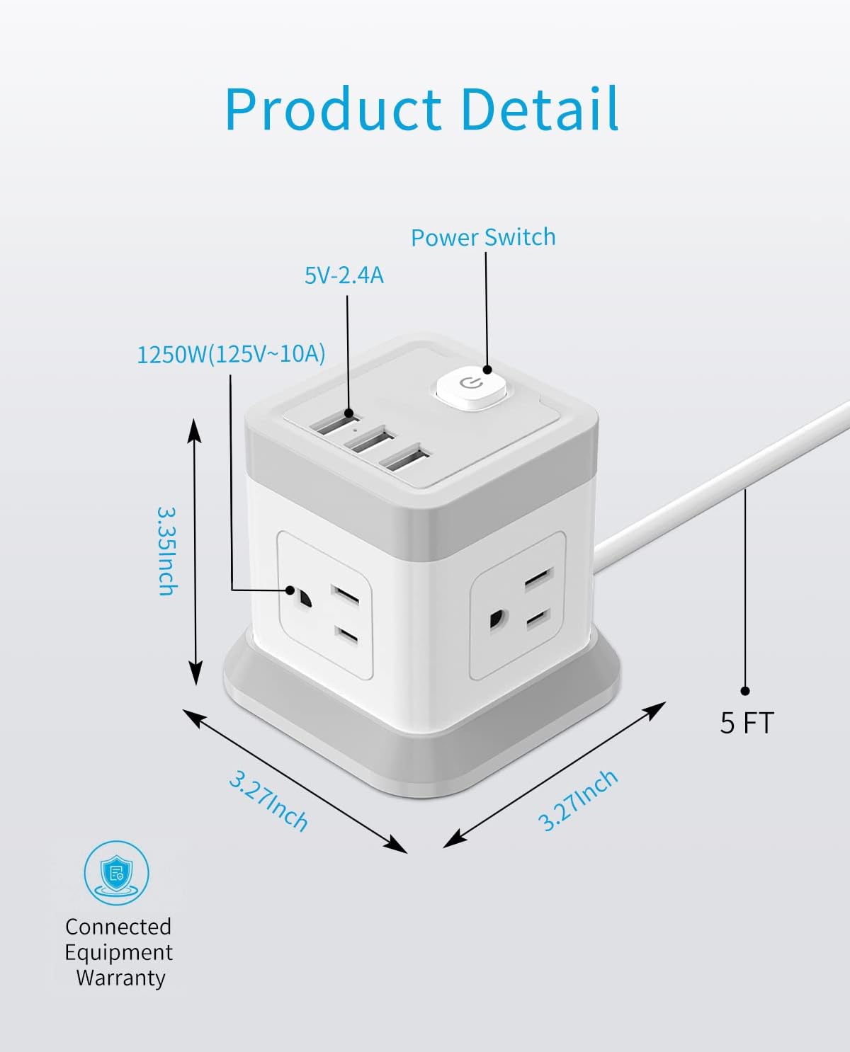 Thumbnail 6 de FDTEK Flat Plug Power Strip with USB (4 AC Outlets, 3 USB including USB-C) and Overload Protection, 5 ft