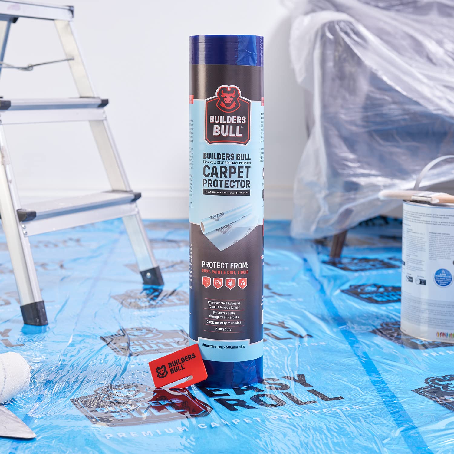 Detalle de 100m Heavy-Duty Carpet Protector – Strong Self-Adhesive Floor Covering (Premium Plastic Carpet Covering) with Safety Cutter