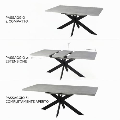 Thumbnail 7 de JIEXI Set tavolo da pranzo allungabile con 6 sedie: 130-170 cm, piano MDF grigio e base a X, sedie imbottite in flanella nera