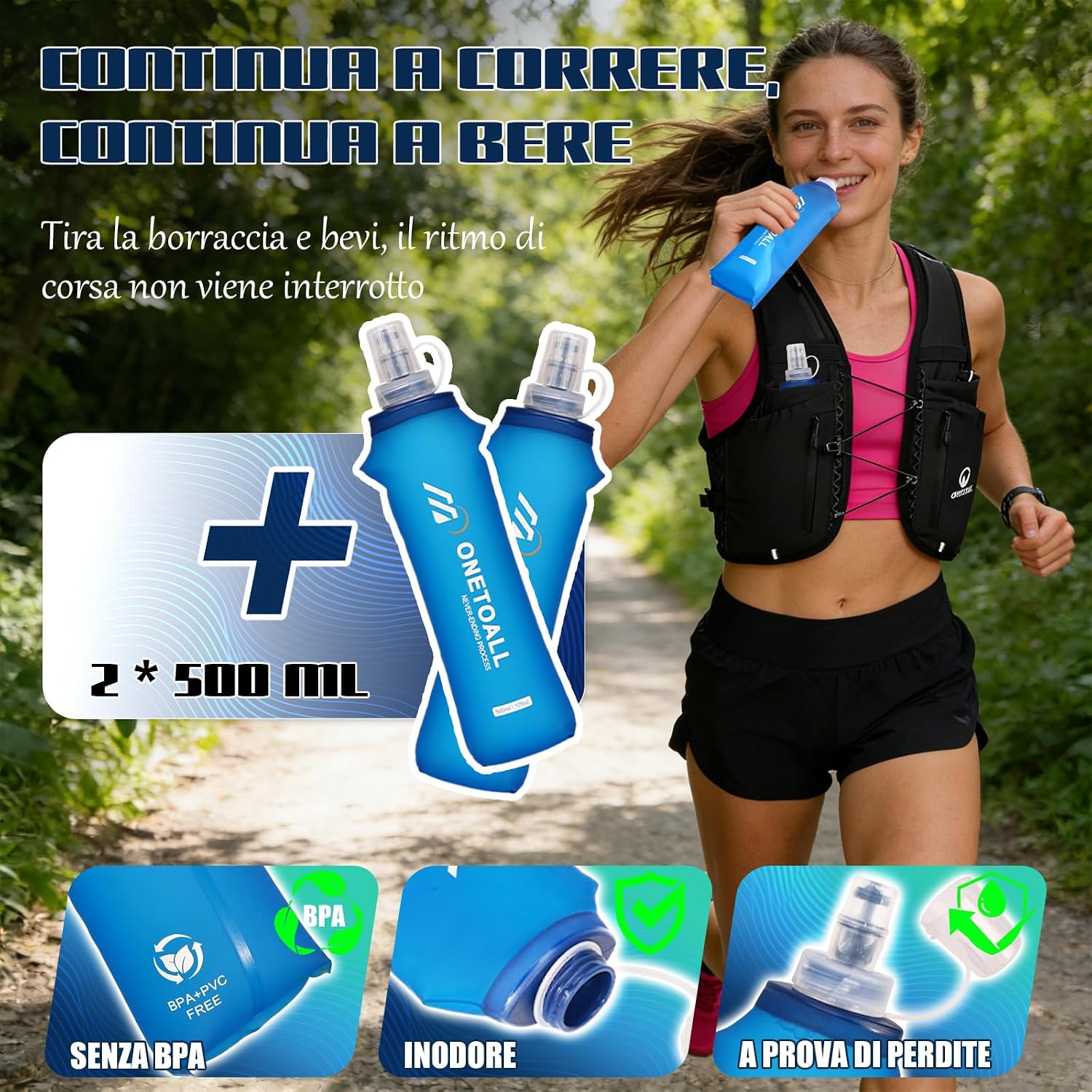 Detalle de ONETOALL Gilet Running: zaino/gil® per trail con 2 borracce, LED e comfort ultraleggero