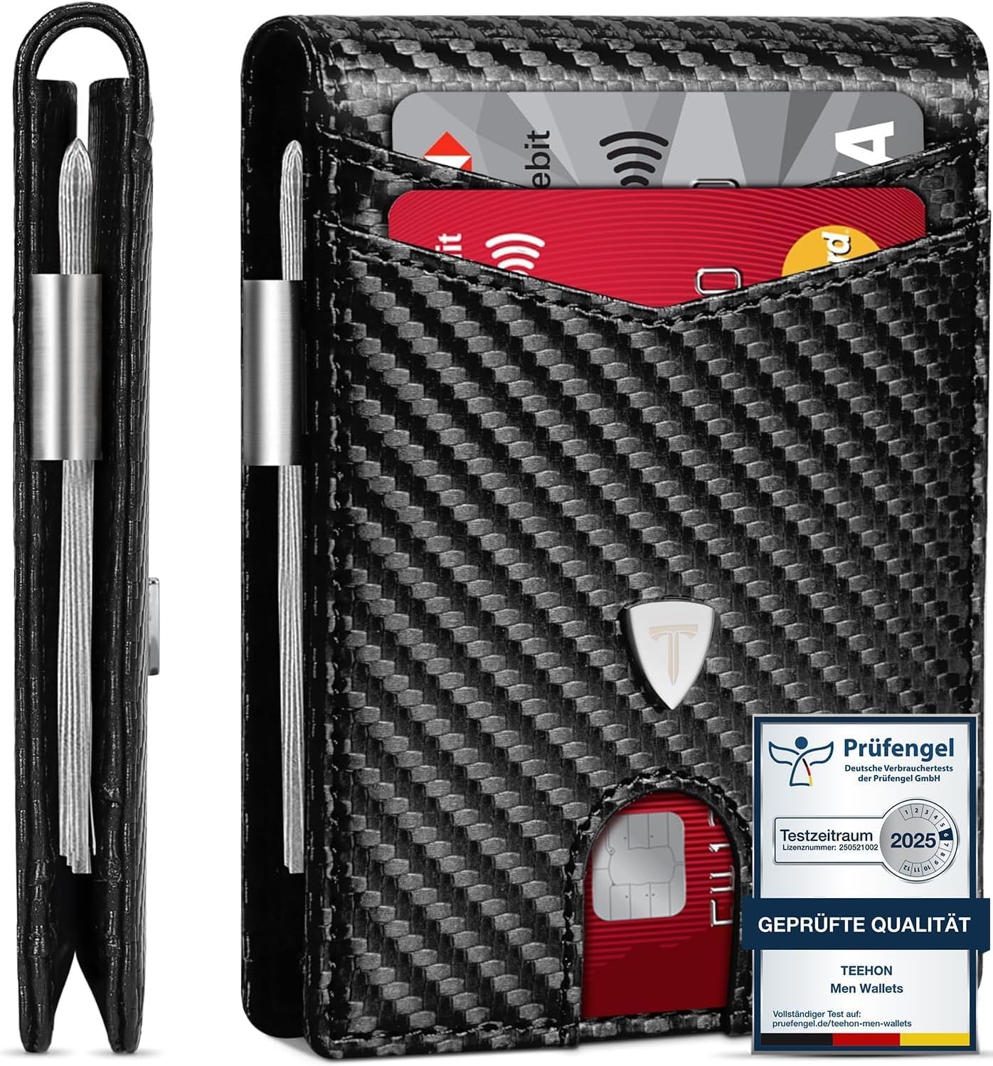 Detalle de TEEHON Geldbörse Herren Slim Wallet RFID Blocking aus Carbonfaserleder – 11 Karten, Ausweisfenster, Geldscheinklammer