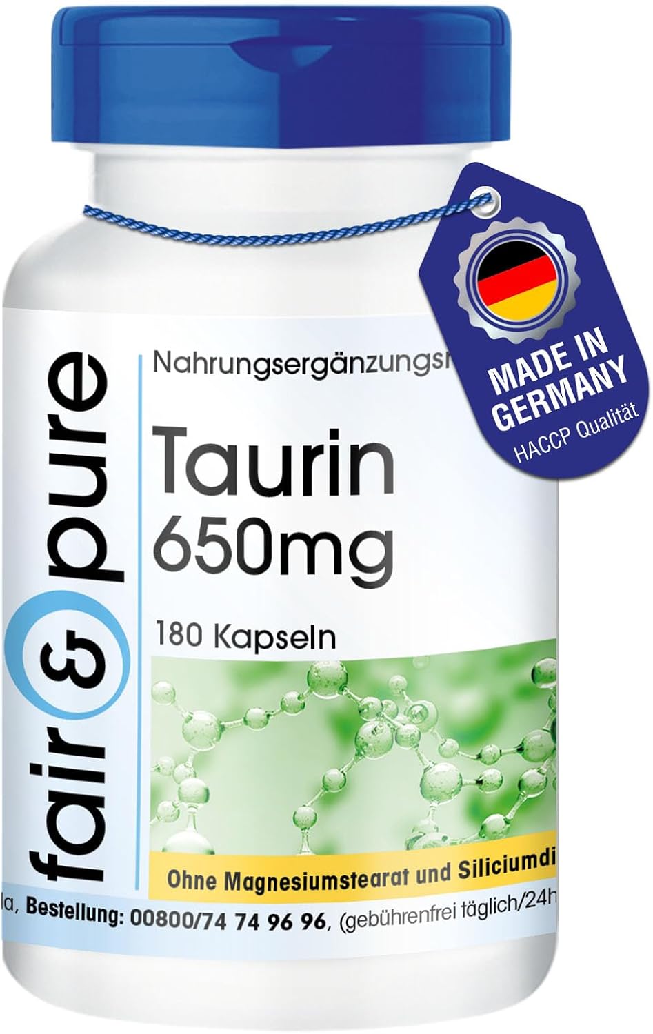 Detalle de Fair & Pure Taurin 650mg – Hochdosierte Vegane Taurin-Kapseln, 180 Stück, hergestellt in Deutschland
