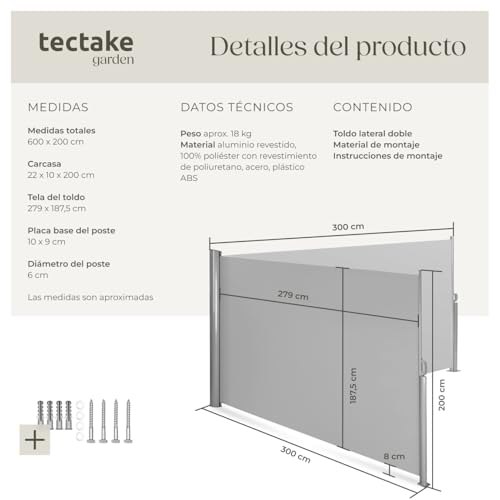 Thumbnail 5 de tectake® Toldo Lateral Retráctil ☀️ 200x600 cm Gris