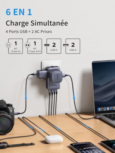 Thumbnail 3 de UGREEN 6 en 1 Adaptateur Prise Universelle Voyage PD 45W – 2 Prises AC + 4 USB