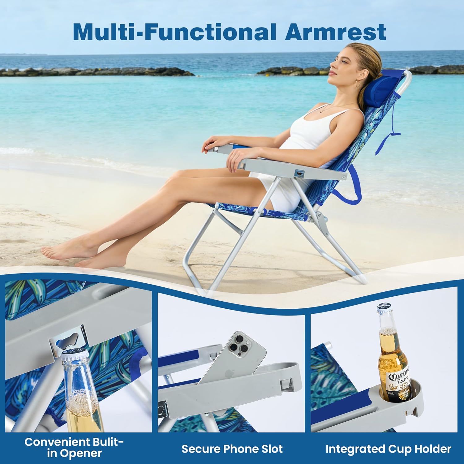 Detalle 1 de SUNNYFEEL 17" Tall Oversized Beach Chairs (2-Pack) with 5-Position Recline, Heavy-Duty 500 LBS Capacity