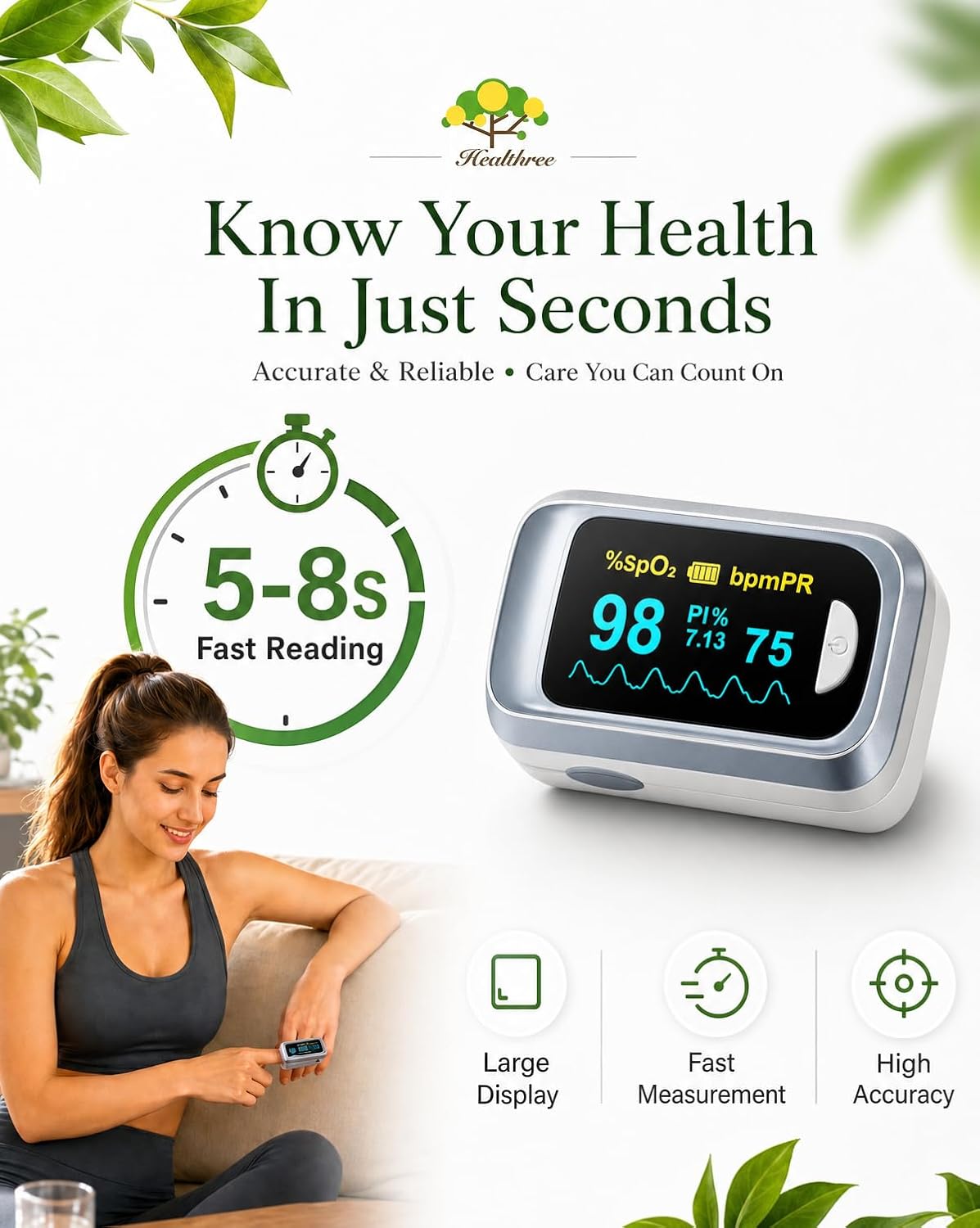 Detalle de Healthtree JKS50B Pulse Oximeter Fingertip – Fast, accurate SpO2 and heart rate readouts