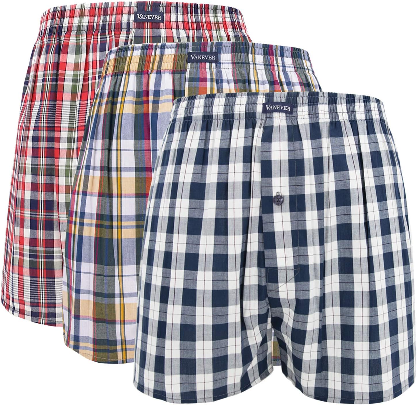 Detalle de VANEVER 100% Cotton Men’s Boxers: Woven, Loose Fit, 3-Pack
