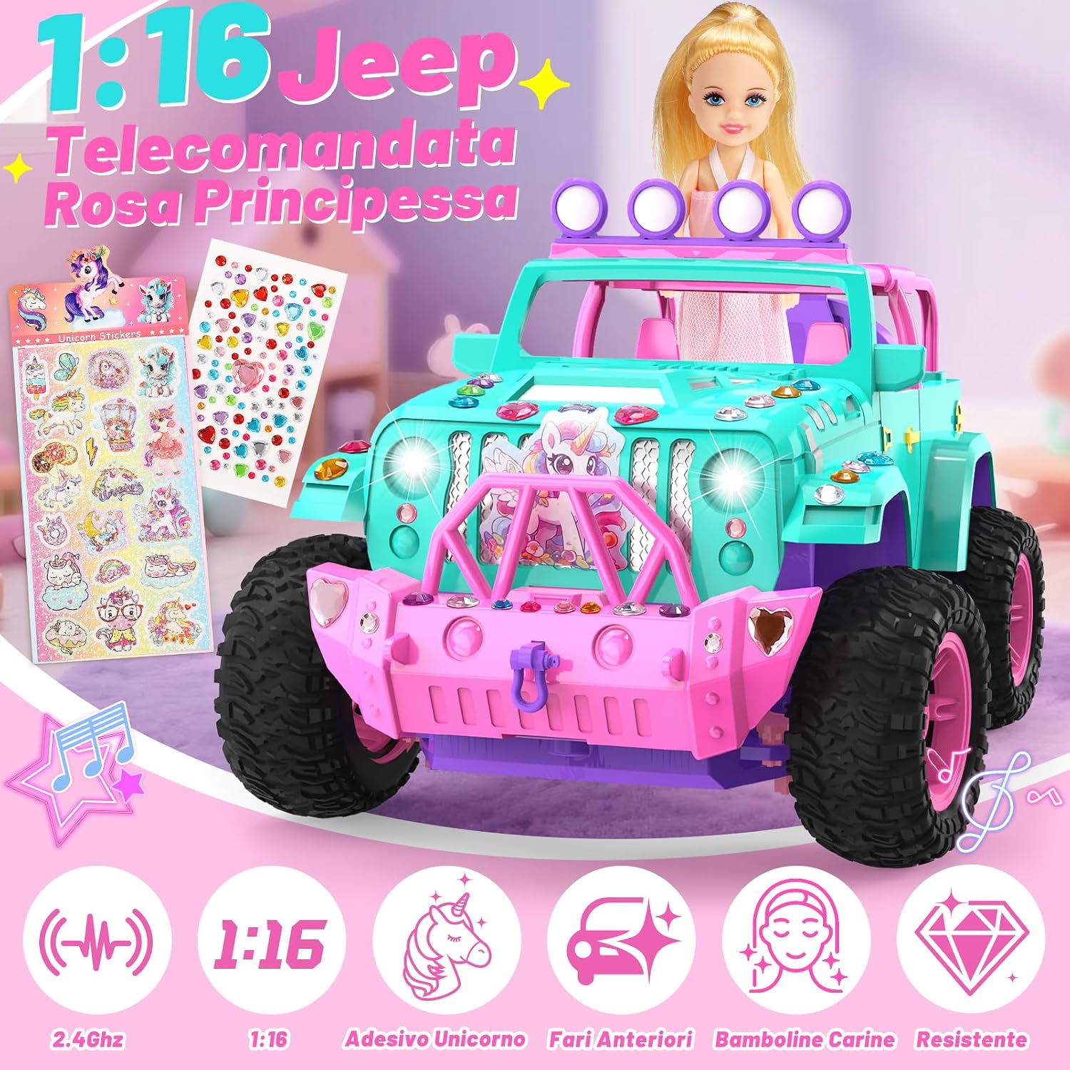 Thumbnail 1 de HappyGoLucky Macchina Telecomandata per Bambine con Bambola e Pegatinas – SUV 4x4 con Controllo Multidirezionale
