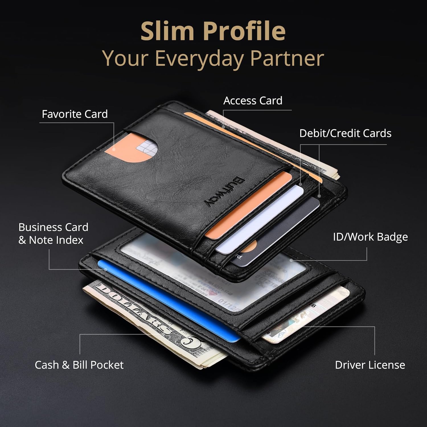 Thumbnail 2 de Buffway Slim Minimalist Front Pocket RFID Blocking Leather Wallets (Alaska Black)