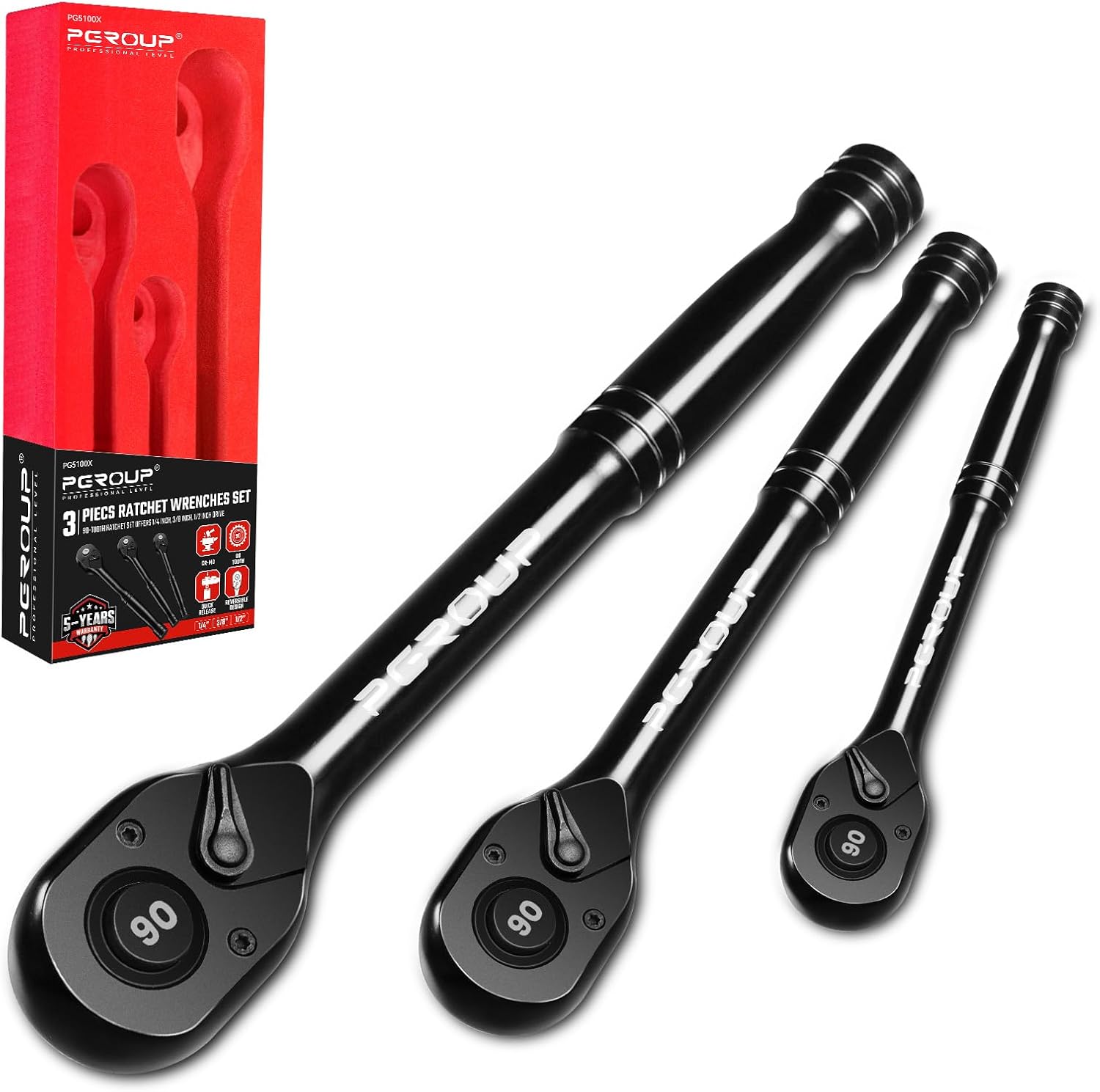 Detalle de pgroup 3-Piece 90-Tooth Ratchet Wrench Set, 1/4”, 3/8” and 1/2” Drives