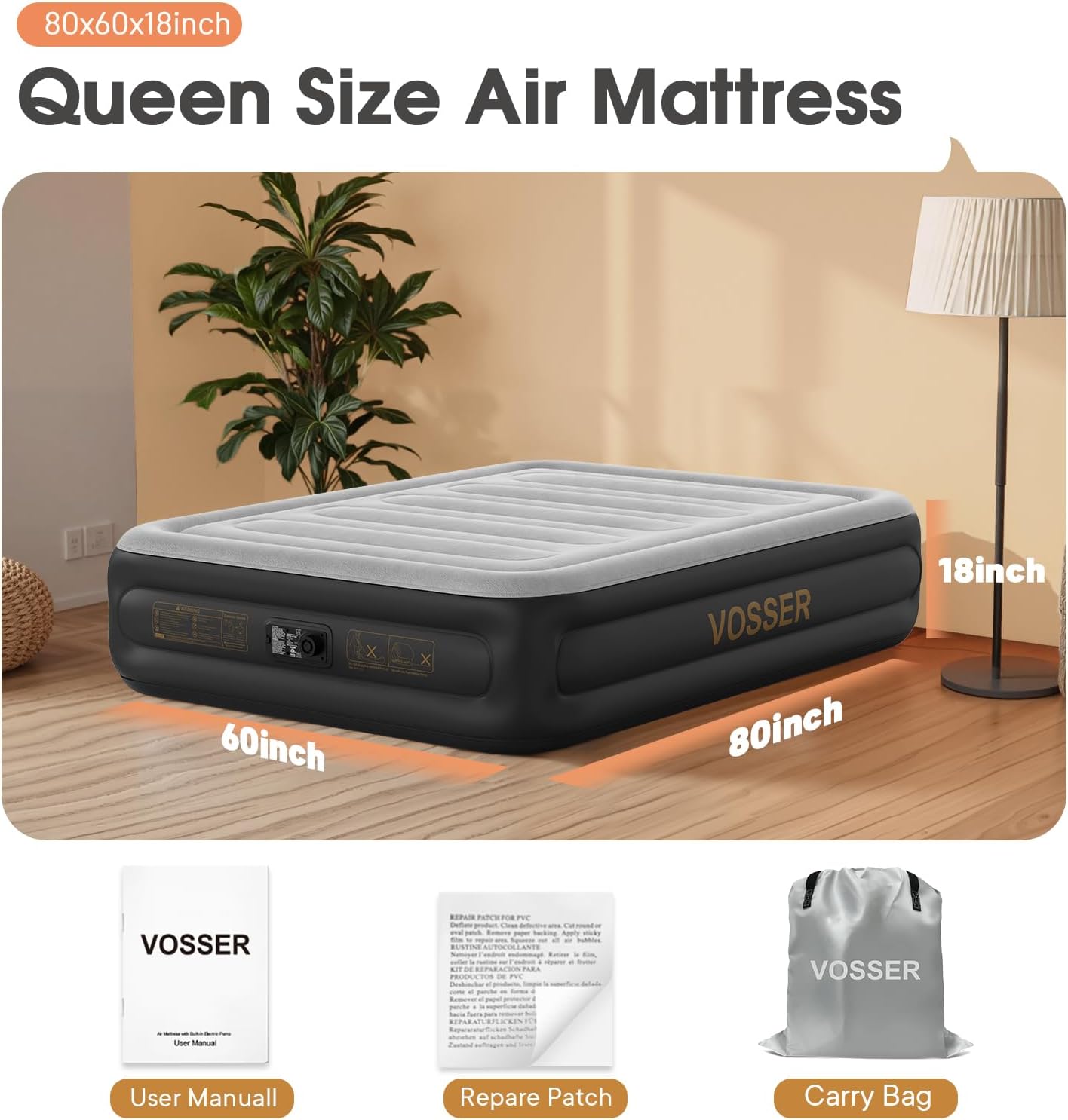 Detalle de VOSSER Queen Air Mattress with Built-In Pump, 18-Inch Raised, Flocked Top
