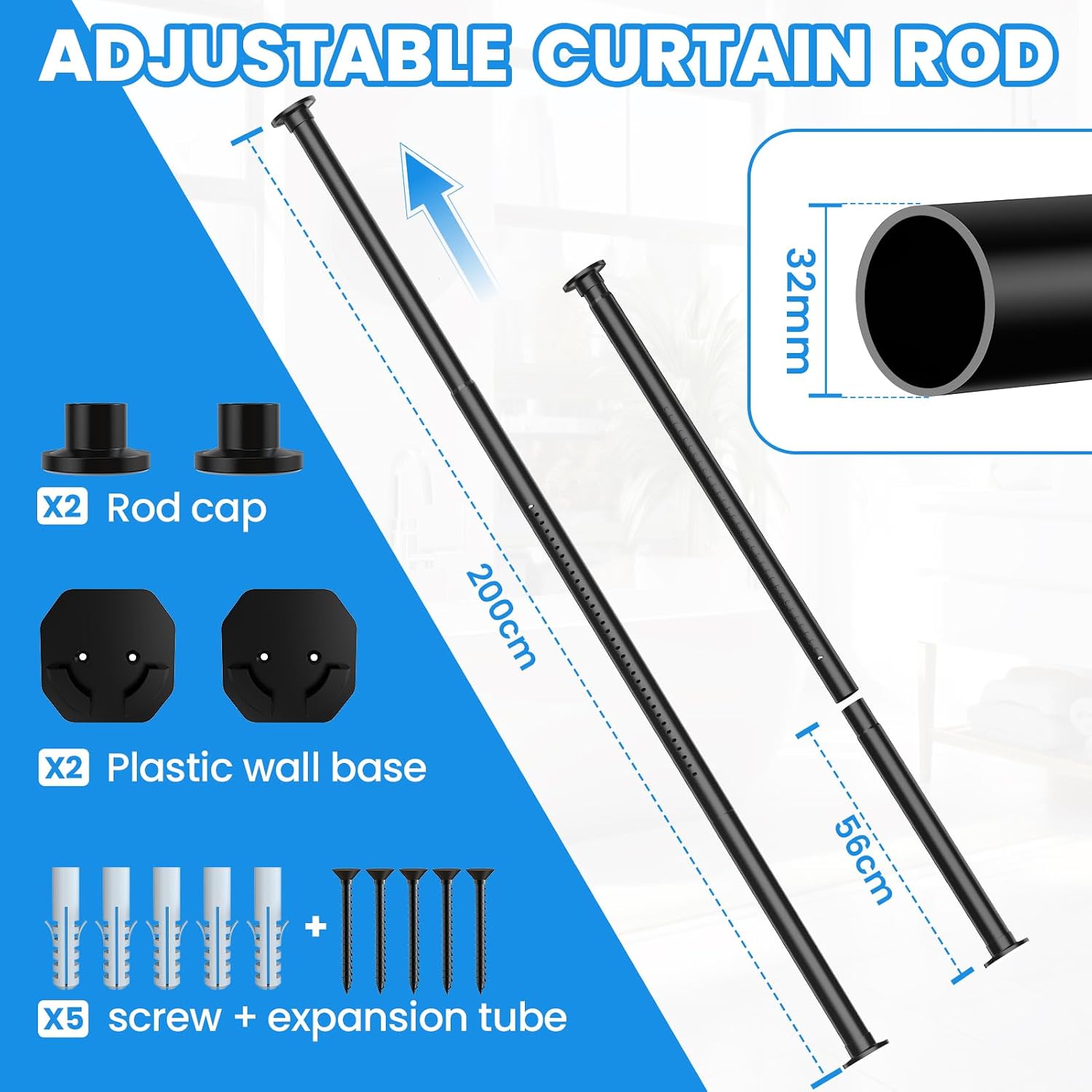Detalle 2 de WELDUN Extendable Curtain Poles 98-200cm: Black Telescopic Tension Rod, 32mm Ø with 2 Wall Bases