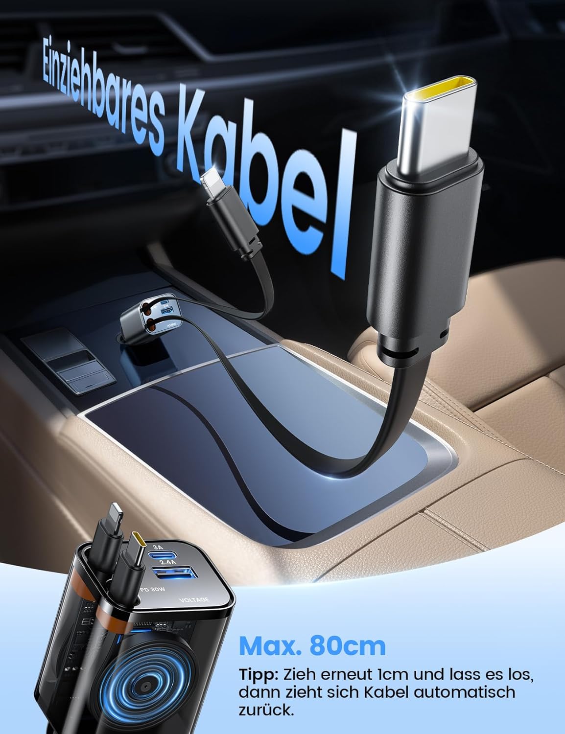 Detalle 2 de Lamicall 4-in-1 Zigarettenanzünder USB-C Auto-Ladegerät (69W) mit einziehbarem Kabel und Spannungsanzeige