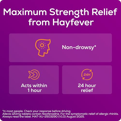 Detalle de Allevia Hayfever Allergy Tablets 120mg Fexofenadine – 30 tablets, 24‑hour relief
