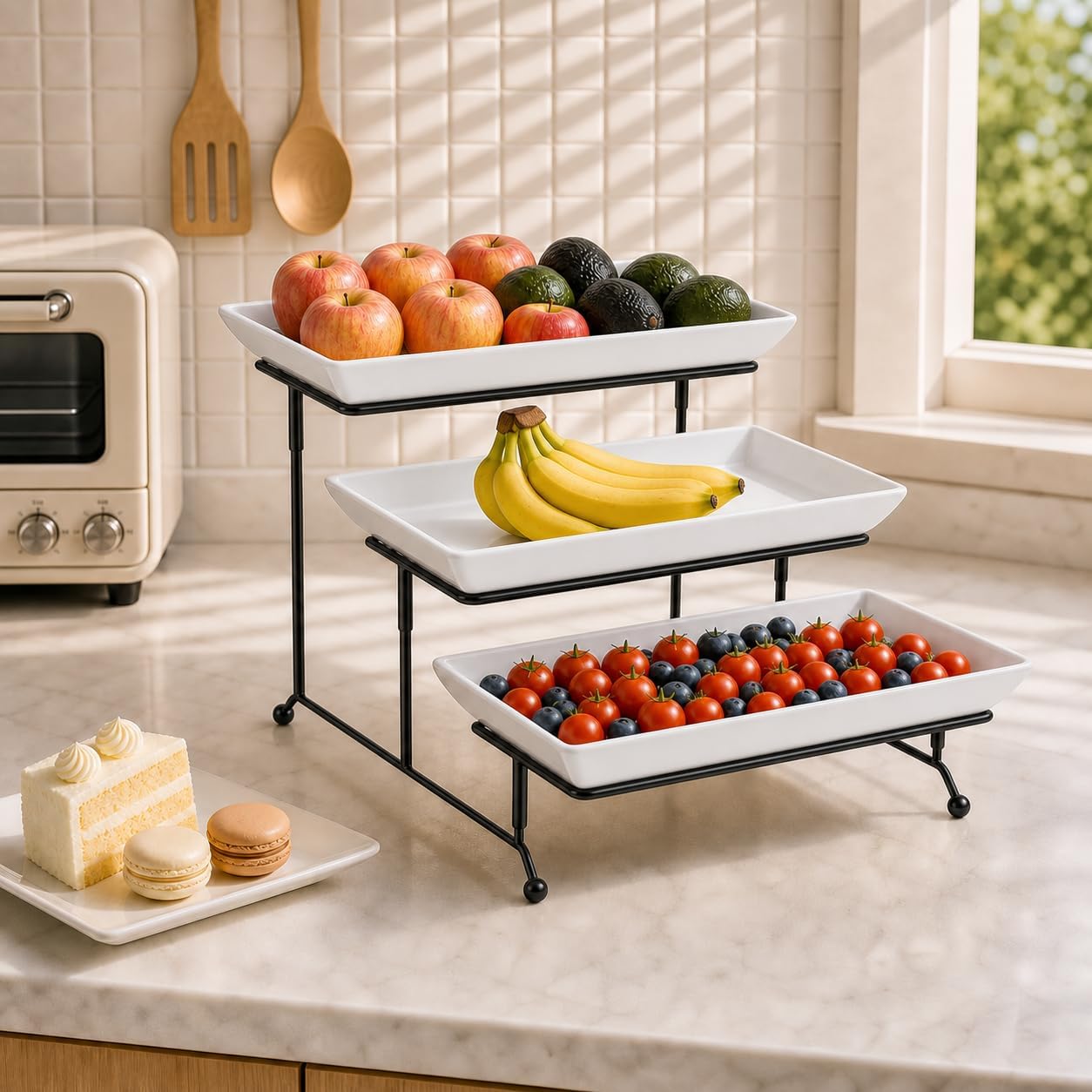 Thumbnail 4 de MALACASA 3-Tier Porcelain Serving Stand with Collapsible Metal Rack, 12-Inch Tray