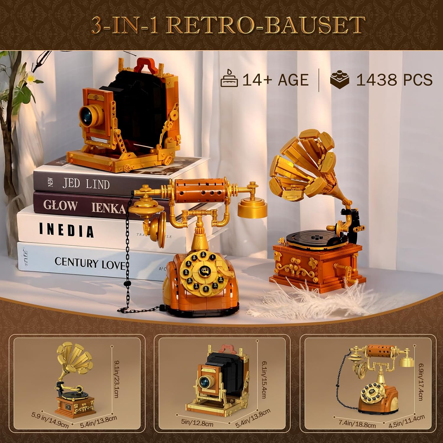 Detalle 2 de Brihappen 3 in 1 Retro Camera, Telephone & Record Player Building Blocks