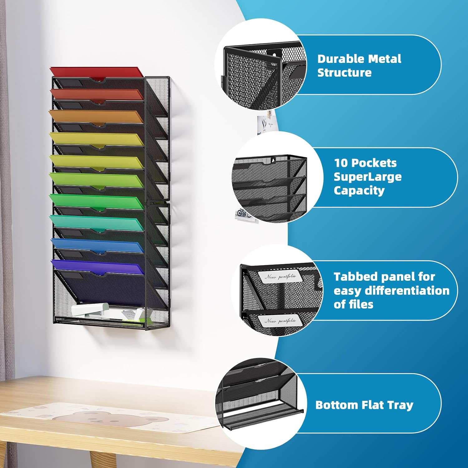 Detalle de Marbrasse 11 tier - Black Wall File Holder, Metal Mesh, Powder-Coated Finish