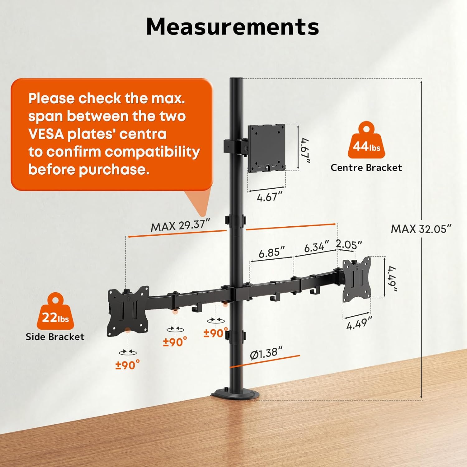 Thumbnail 4 de Triple Monitor Arm for up to 49" Ultrawides with 32" Pole – Heavy Duty Mount for 3 Screens (Top + Side Brackets), VESA 75/100, Black