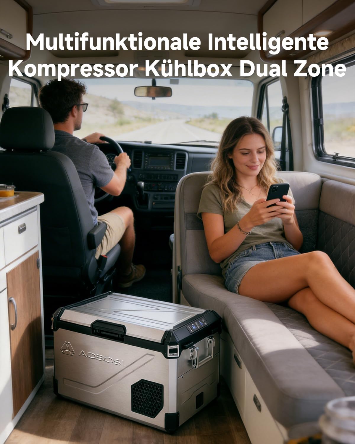 Detalle de AAOBOSI 60L Kompressor Kühlbox Dual Zone – leistungsstarke mobile Kühlung mit Edelstahlgehäuse